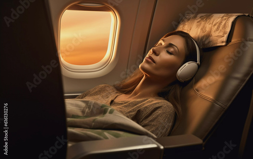 Lifestyle portrait of attractive brunette woman sleeping and listening to headphones on airplane long haul flight