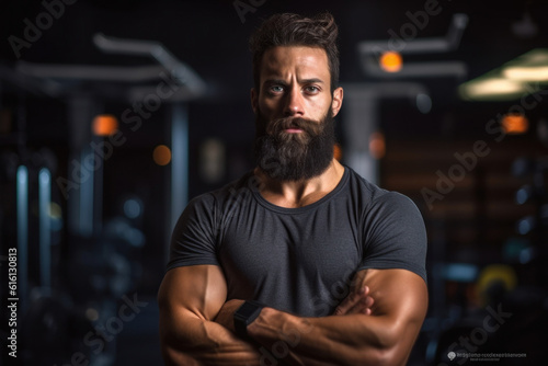 Athletic body young man with long beard in a gym Generative AI