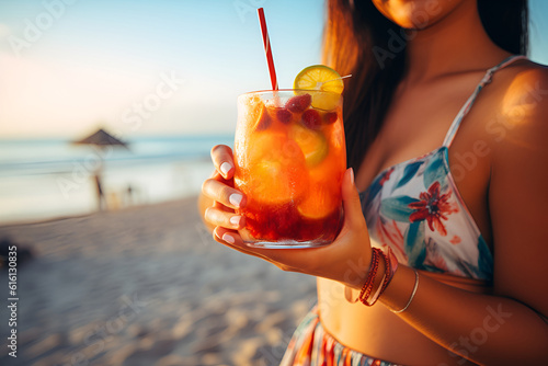 Glass with a cocktail in the hand of a girl on the beach. Generative AI