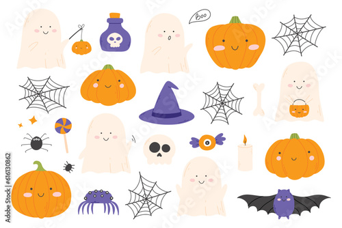 Cute kids set for Halloween. Collection of kids ghosts and pumpkins. Vector illustration in a flat style. Halloween cute characters.