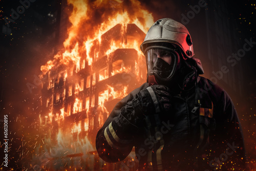 A courageous firefighter in protective gear and oxygen mask stands surrounded by flames and sparks in front of a burning building photo