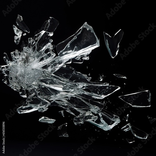 Foto cracked glass object on black background, smashed glass texture, shards of broke