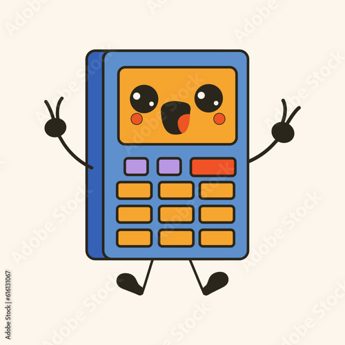 Cute happy funny Calculator with kawaii eyes. Cartoon cheerful school mascot