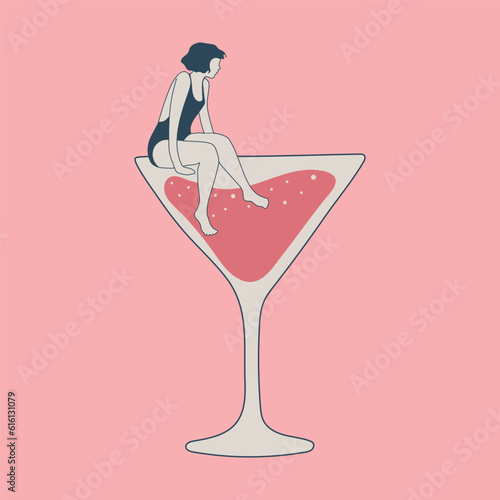 Trendy female characters swimming jumping into the glass.People suffering from hard drinking. Concept illustration with depressed characters sink in various alcohol glasses. 