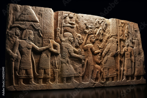 An image showcasing abstract interpretations of Hittite rock reliefs, with carved lines and textured elements. Generative AI technology.