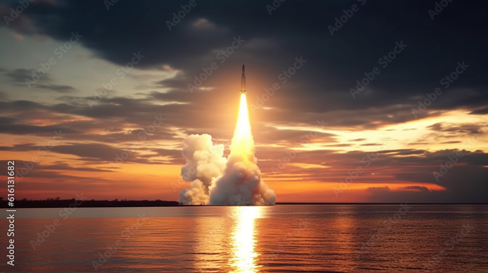 submarine shooting launched ballistic missile over ocean in sunset, Generative AI submarine shooting launched ballistic missile over ocean in sunset, Generative AI