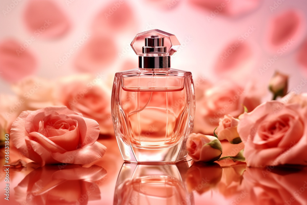Luxury perfume bottle with roses and peony around Luxury perfume bottle with roses and peony around