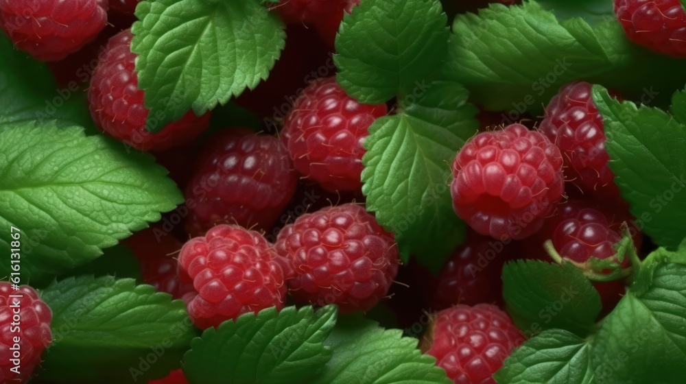 Fresh raspberries with leaves bright background.new harvest. Generative AI Fresh raspberries with leaves bright background.new harvest. Generative AI