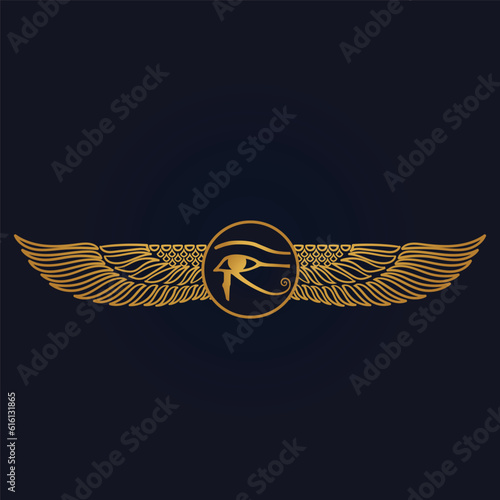 Holy Egyptian eye of horus with wings and Ra God of Sun with ankh