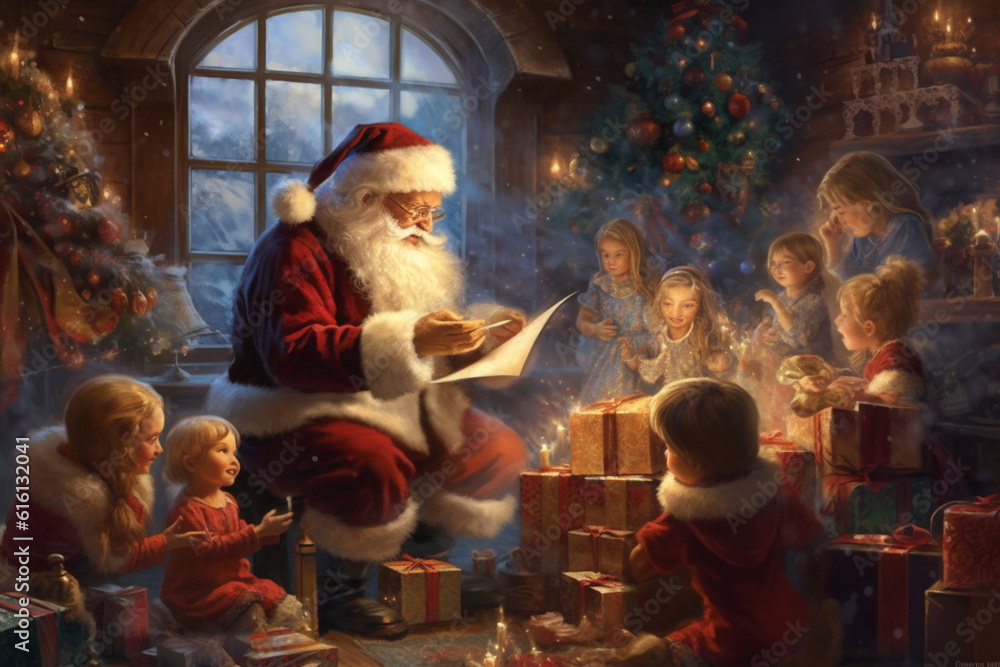 Illustration of Santa Claus reading letter on north pole