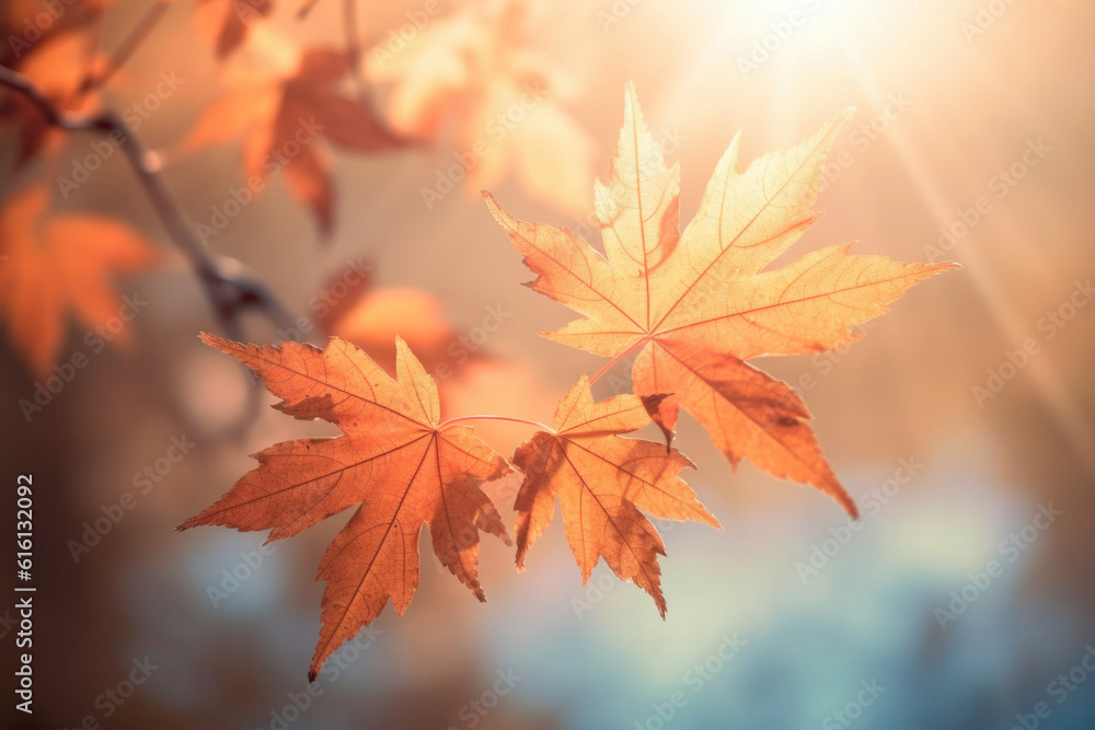 Yellow and orange leafs on blue background, autumn Generative AI Yellow and orange leafs on blue background, autumn Generative AI