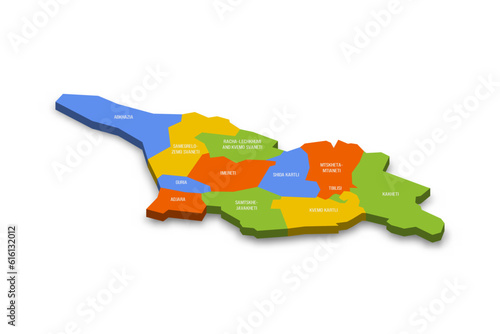 Georgia political map of administrative divisions - regions and autonomous republics of Abkhasia and Adjara. Colorful 3D vector map with country province names and dropped shadow.