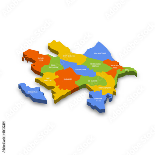 Azerbaijan political map of administrative divisions - districts, cities and autonomous republic of Nakhchivan. Colorful 3D vector map with country province names and dropped shadow.