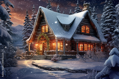 Christmas time illustration, old house in snow with lights inside in winter