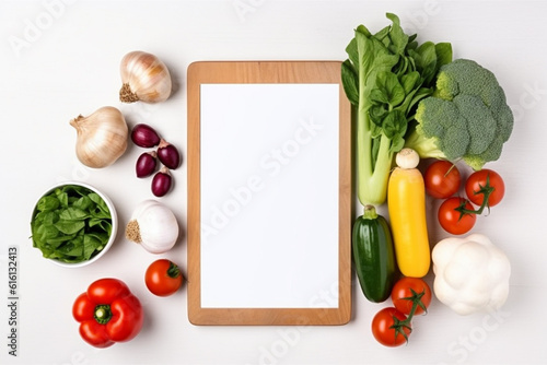 Top view on tablet with mock up display and vegetables around