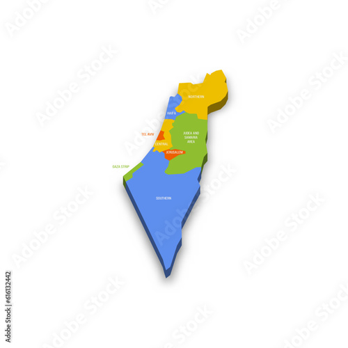 Israel political map of administrative divisions - districts, Gaza Strip and Judea and Samaria Area. Colorful 3D vector map with country province names and dropped shadow.