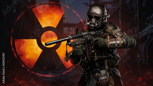 Soldier in futuristic armor, made for shielding against radiation, holds a conceptual rifle amidst blazing atmosphere. Backdrop features a massive sign of nuclear protection in a world ravaged by war