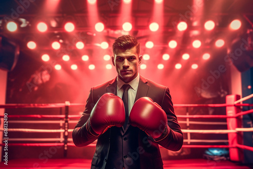 Stylish businessman in gloves on boxing ring