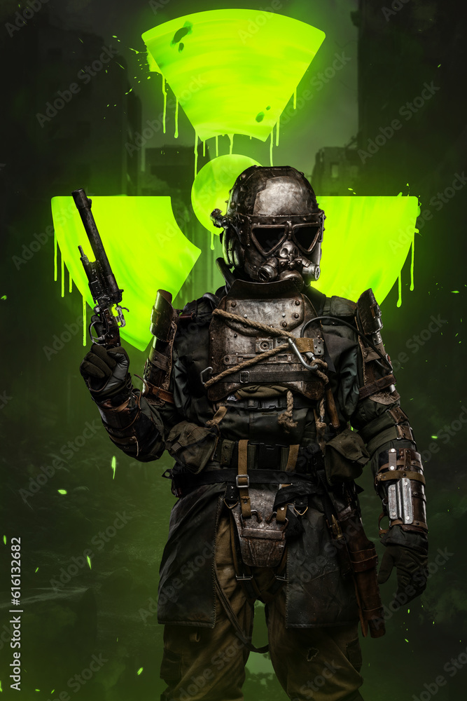 Fototapeta premium Post-apocalyptic soldier stands surrounded by toxicity, holding a conceptual rifle and unique anti-nuclear armor designed to protect against the dangers of a nuclear