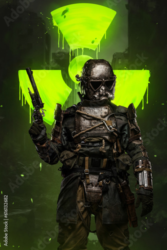 Post-apocalyptic soldier stands surrounded by toxicity, holding a conceptual rifle and unique anti-nuclear armor designed to protect against the dangers of a nuclear