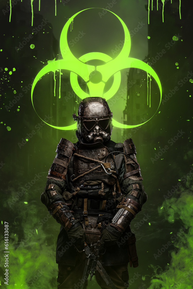 Post-apocalyptic soldier stands surrounded by toxicity, holding a conceptual rifle and unique anti-biological armor designed to protect against the dangers of a biologically toxic wasteland Post-apocalyptic soldier stands surrounded by toxicity, holding a conceptual rifle and unique anti-biological armor designed to protect against the dangers of a biologically toxic wasteland