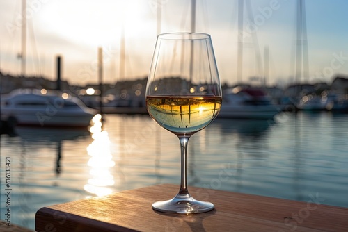 Romantic Getaway. Wine Glass on Harbor Restaurant Table. Tranquil Waterside. Outdoor Dining with Stunning View. Relaxation and Luxury by the Sea © Bussakon