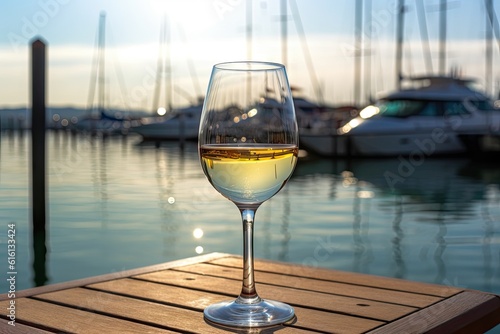 Romantic Getaway. Wine Glass on Harbor Restaurant Table. Tranquil Waterside. Outdoor Dining with Stunning View. Relaxation and Luxury by the Sea