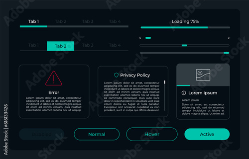 Account settings UI elements kit. Adjustment isolated vector components. Flat navigation menus and interface buttons template. Web design widget collection for mobile application with dark theme