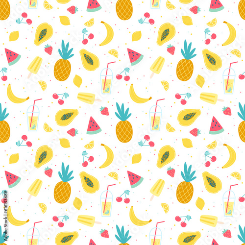 Summer seamless pattern with fruits, lemonade and ice cream. Cute tropical surface design for wrapping paper, scrapbooking, textile, fabric and prints.