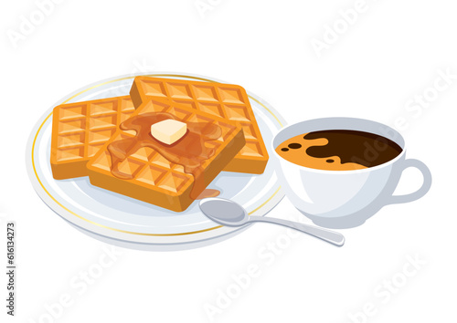 Coffee cup and waffles with maple syrup vector illustration. Black coffee in a white cup and sweet waffles on a plate icon vector isolated on a white background. Sweet breakfast still life drawing