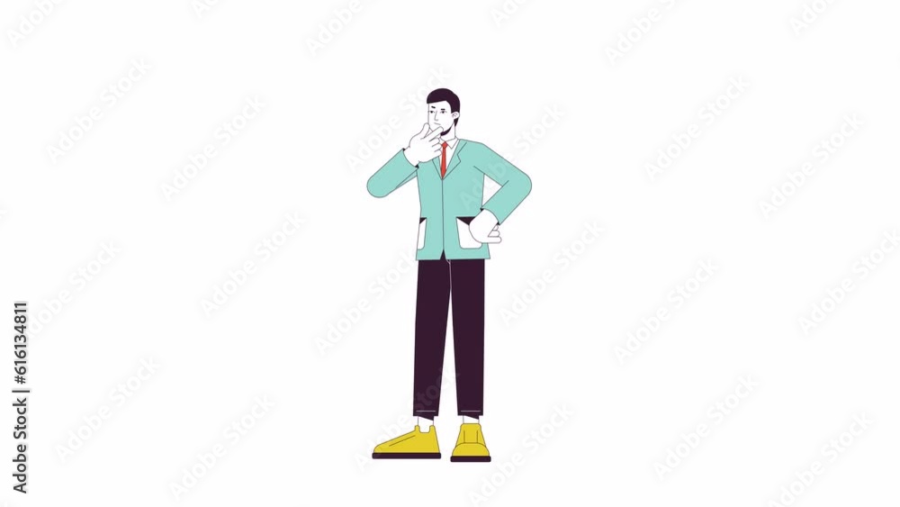 Pensive businessman animation. Animated cartoon business man expression. Isolated colour flat line 2D character 4K video footage, white background, alpha channel transparency for web design Pensive businessman animation. Animated cartoon business man expression. Isolated colour flat line 2D character 4K video footage, white background, alpha channel transparency for web design