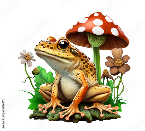 drawing of a cute frog with a mushroom for a children's book or postcard. Generative AI. 