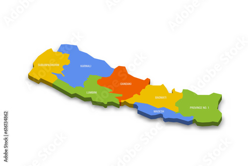 Nepal political map of administrative divisions - provinces. Colorful 3D vector map with country province names and dropped shadow.