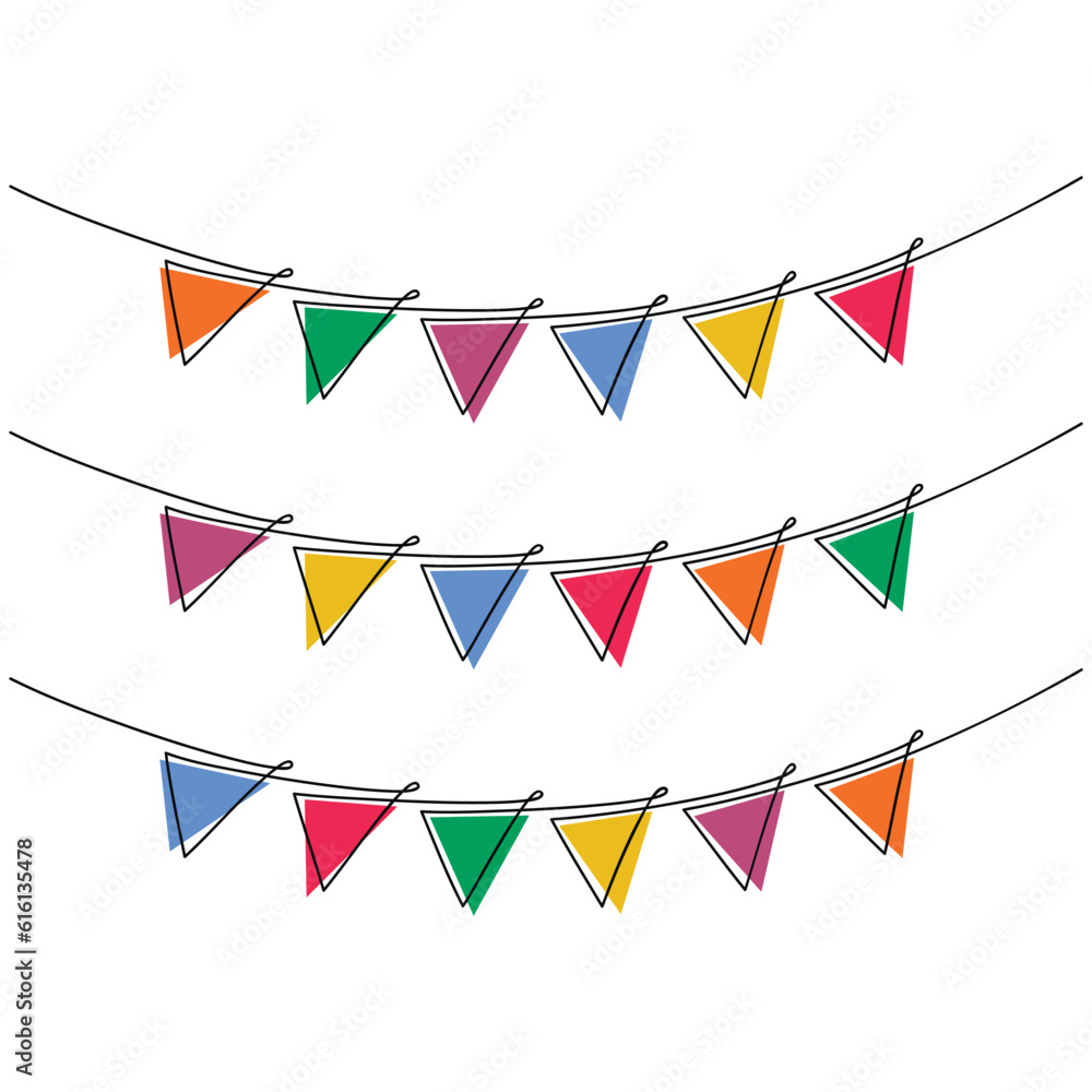 Colorful festive garland flags vector one line continuous drawing illustration. Hand drawn linear silhouette icon. Minimal design greeting card, graphic print, banner, poster, invitation.