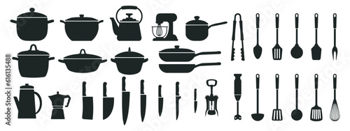 Canvastavla Big set of kitchen utensils, silhouette