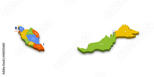 Malaysia political map of administrative divisions - states and federal territories. Colorful 3D vector map with country province names and dropped shadow.