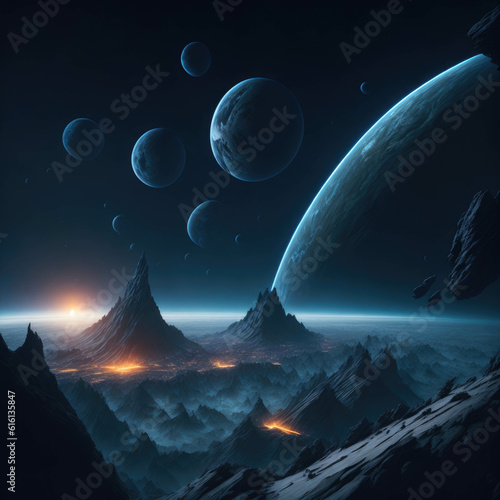  Sci-Fi Futuristic Fantasy Alien World Landspace  Sky With Stars and Moons  Deep Space  Science Fiction  Generative Ai