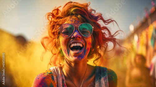 happy beautiful woman with colorful powder, carefree woman