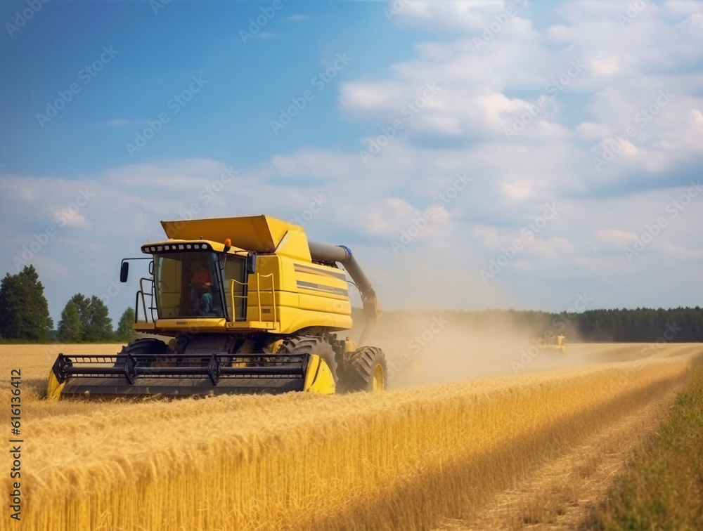 Fototapeta premium Modern yellow combine harvesting wheat in the summer. Generative AI