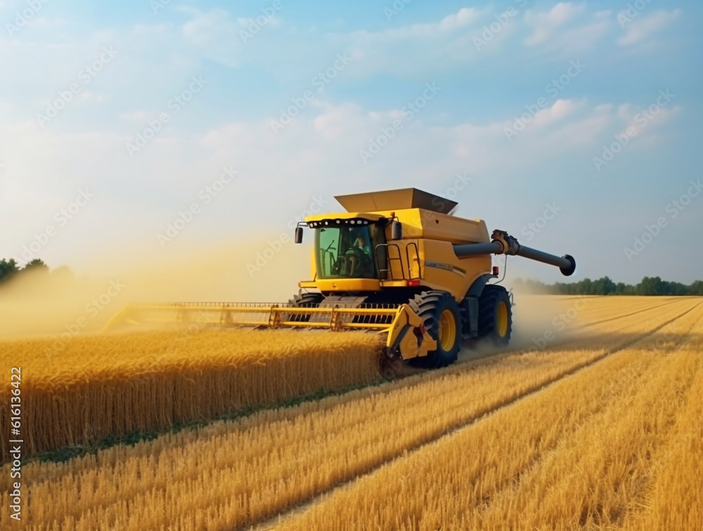 Fototapeta premium Combine harvester working in a cereal field. Generative AI