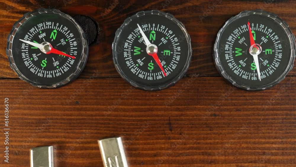 The needles of magnetic directional compasses being moved by the magnetic field of a horseshoe magnet. The needles of magnetic directional compasses being moved by the magnetic field of a horseshoe magnet.
