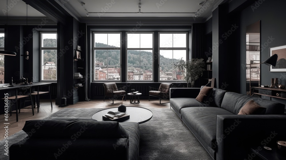 An elegant and masculine interior space, perfect for a bachelor who values a dark, monochromatic palette. Generative AI An elegant and masculine interior space, perfect for a bachelor who values a dark, monochromatic palette. Generative AI
