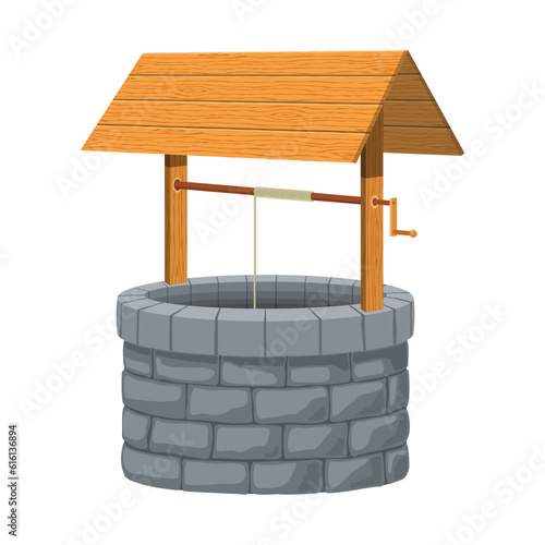 Old village stone water well with wooden roof isolated on white background. Rustic stone protective cover old traditional drinking water lift must have in city and village since ancient times. Vector