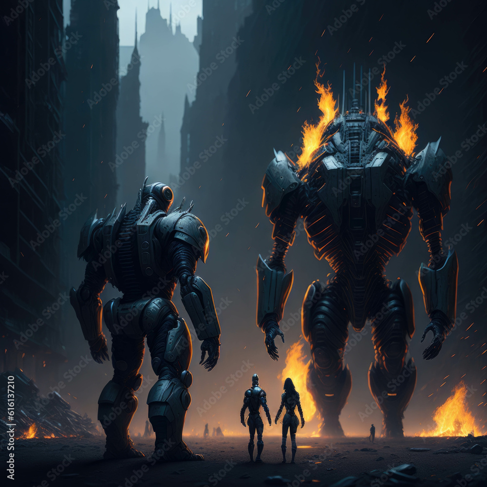 Fototapeta premium Battle Cyborg Synth Robot, Futuristic Sci-fi War With Humans, Metal Texture Armour, Apocalyptic Scene, Generative AI