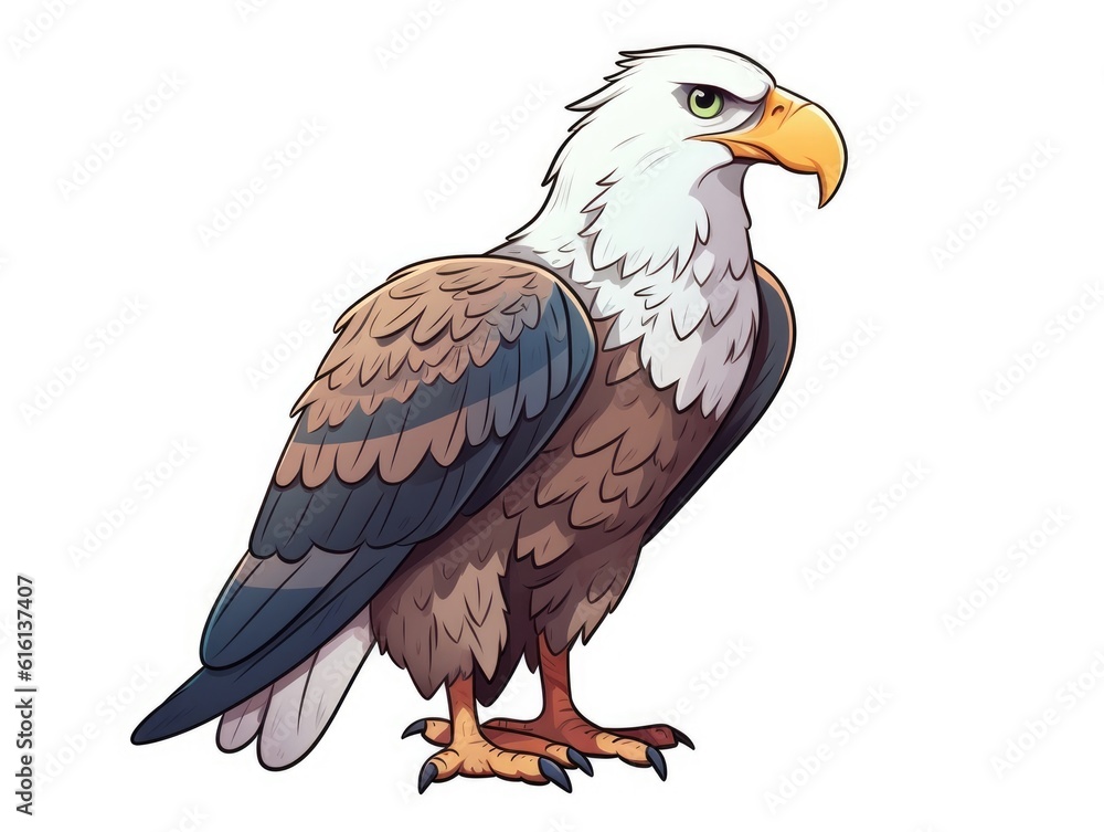Fototapeta premium Bald Eagle in Cartoon Style on white background - generative AI