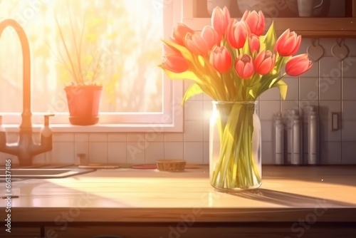 A spring-inspired background: tulips in a vase on a wooden table. (Illustration, Generative AI) #616137486