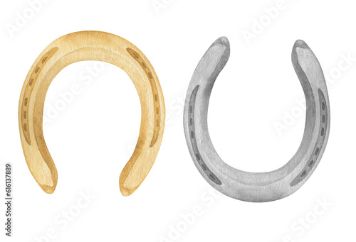 Watercolor hand drawn illustrations of golden and silver metal horseshoes, isolated. Can be used as a print for clothes. Print on the theme of horses and equestrianism.
