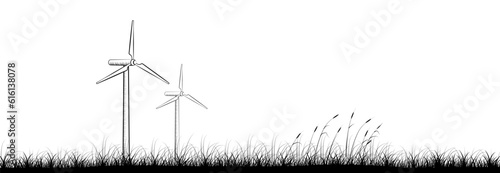 Wind power station in field panoramic background design. Vector illustration with empty copy space for text. Editable shape for poster decoration. Creative and customizable panorama image