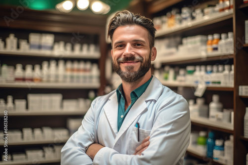 Portrait of professional confident pharmacist wearing white coat with crossed arms at pharmacy.