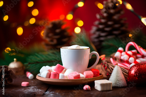 Christmas drink. Cacao in  red cup, fir, marshmallows on bokeh background